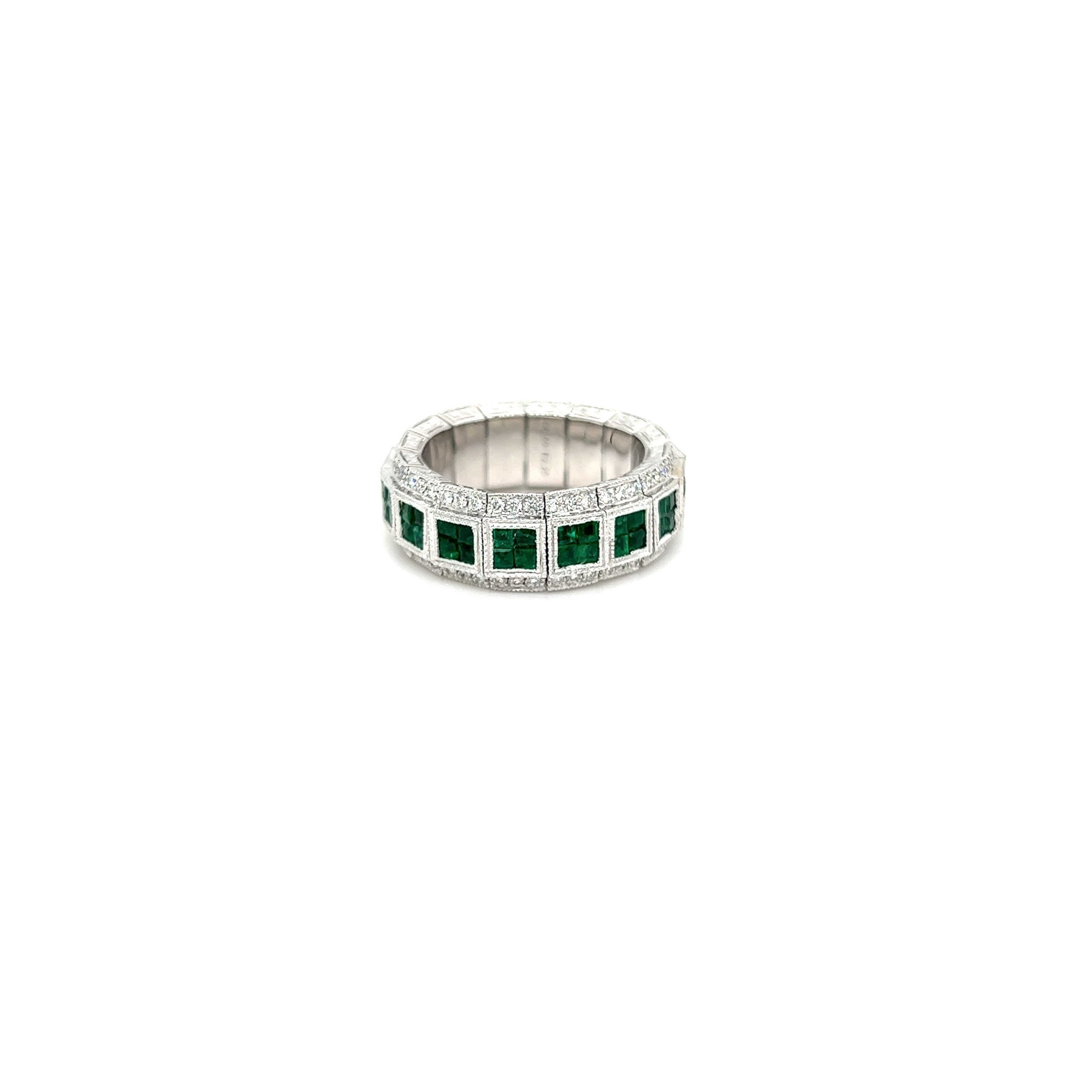 White Gold 18k Diamond and Green Emerald Eternity Band | I&I Diamonds in Coconut Creek, FL