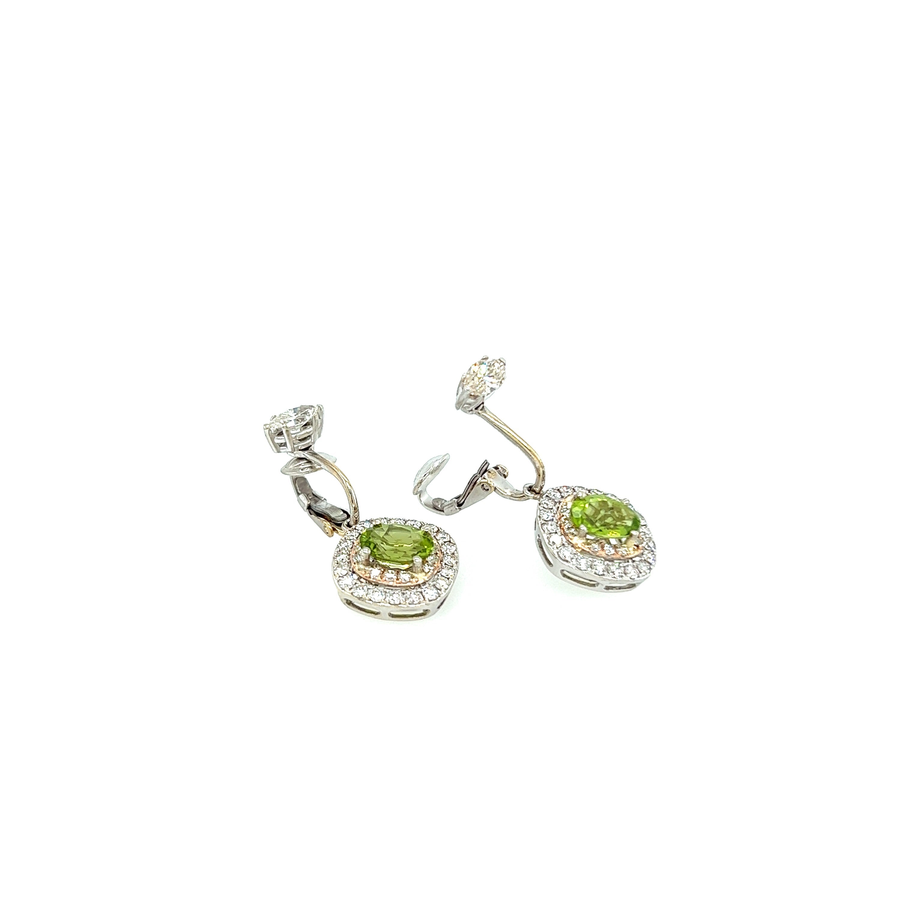 White Gold and Rose Gold 18k Diamond and Peridot Earrings | I&I Diamonds in Coconut Creek, FL