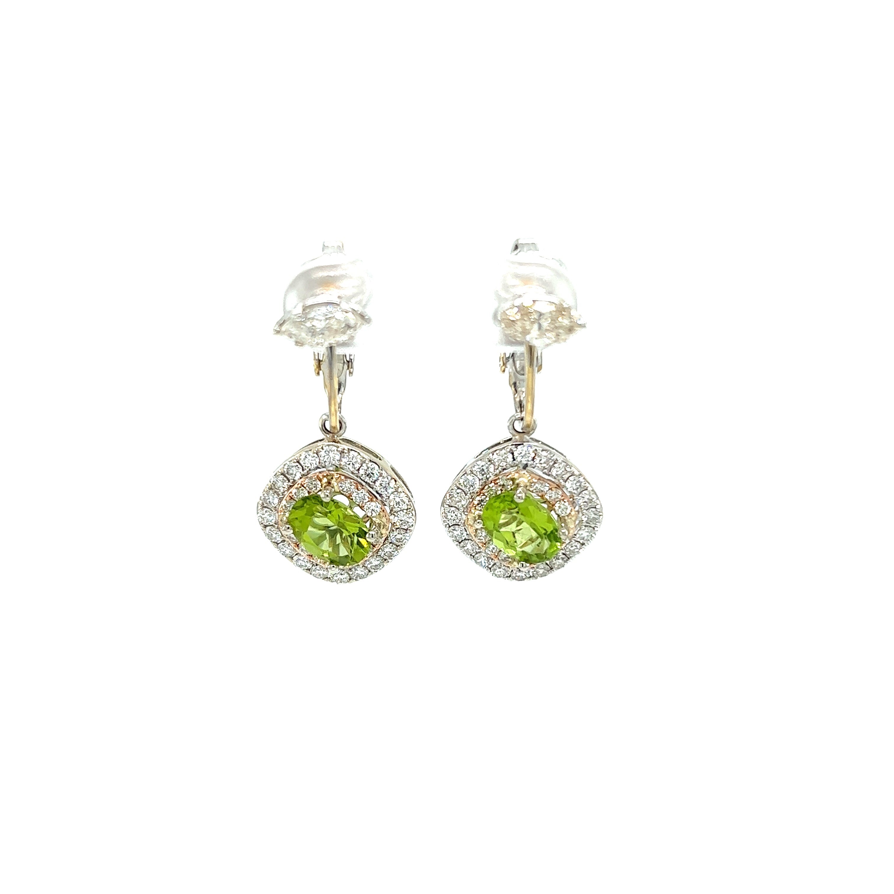 White Gold and Rose Gold 18k Diamond and Peridot Earrings | I&I Diamonds in Coconut Creek, FL