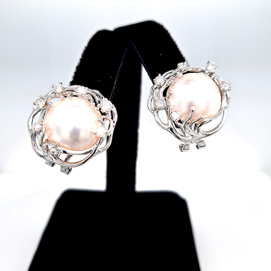 14k White Gold  Diamond and Mabe Pearl Earrings