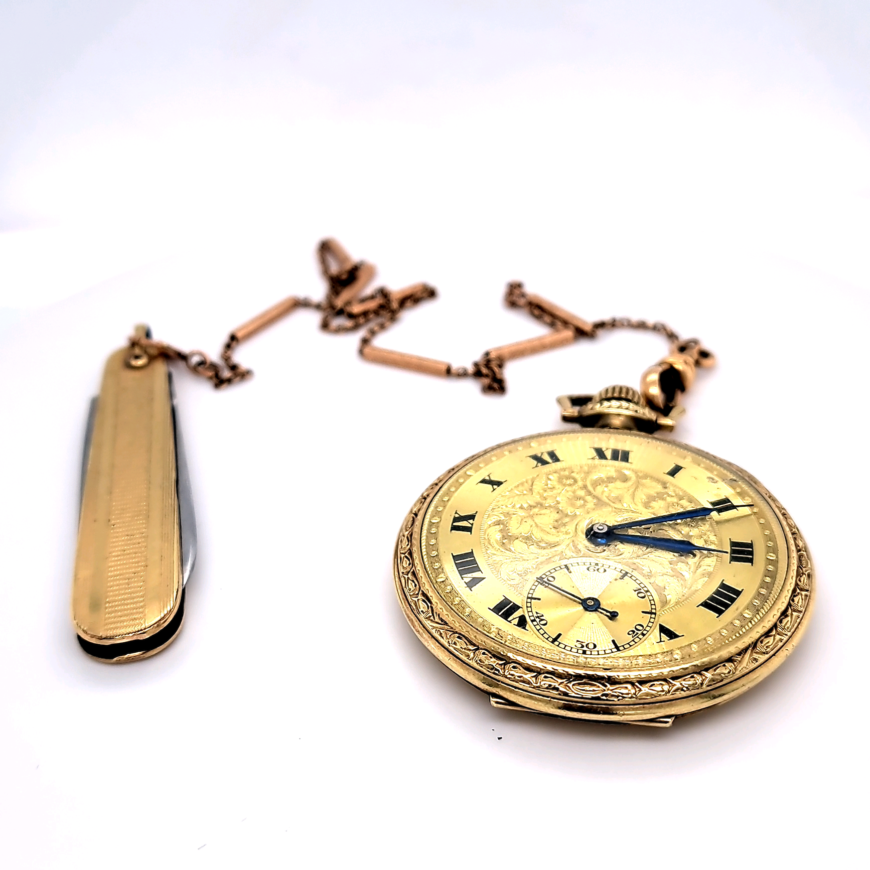 1913 Bulova Gold Pocket Watch with Chain and Pocket Knife