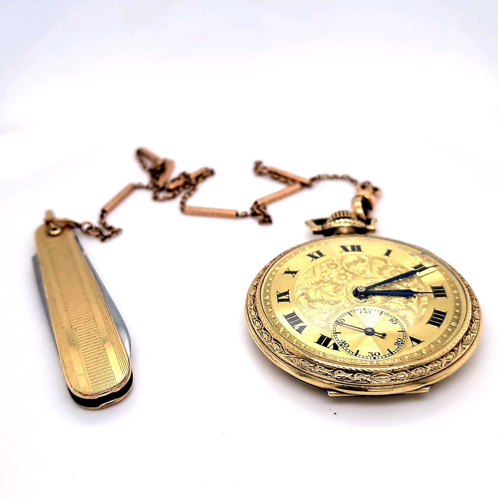 1913 Bulova Gold Pocket Watch with Chain and Pocket Knife